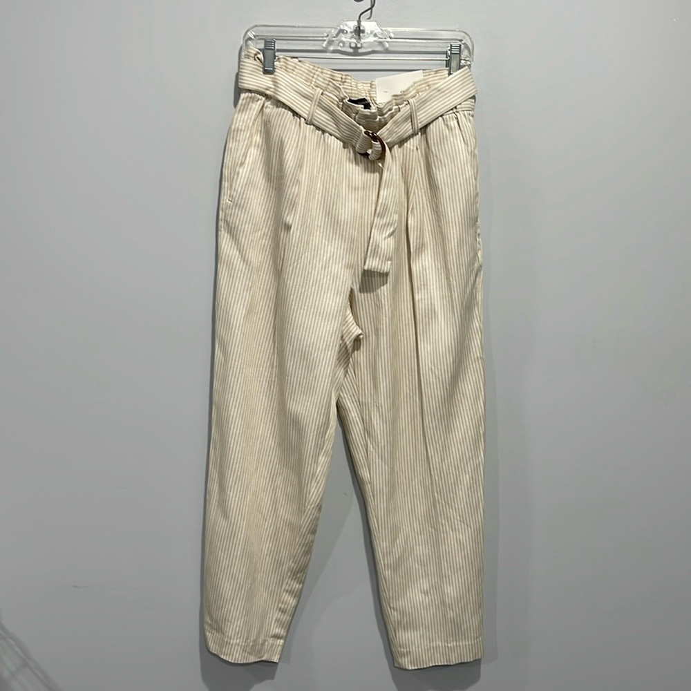 Ann Taylor size Medium linen blend high rise ankle pants cream beige striped NEW